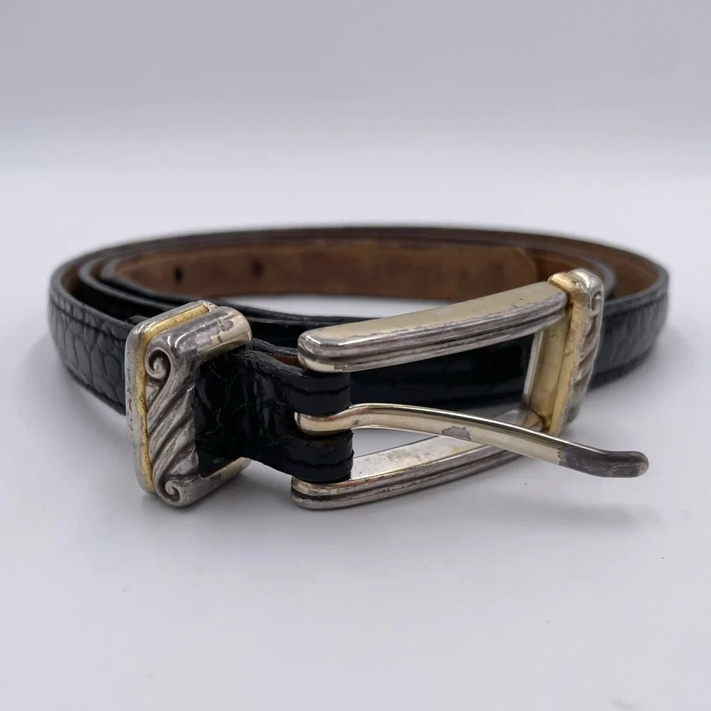 Vintage 80s 90s Brighton Black Leather Belt Women's Size 36 Embossed Classic